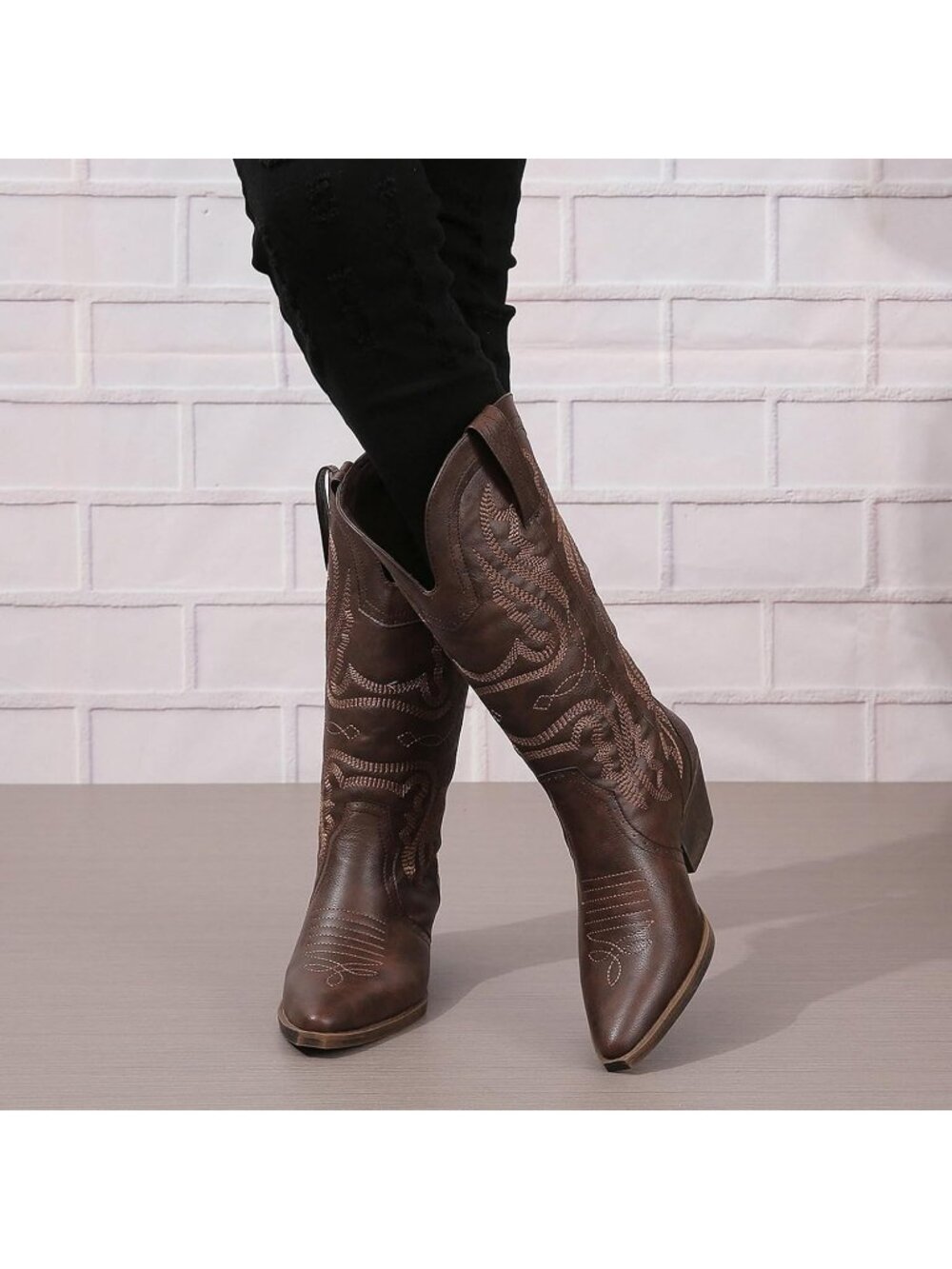 Women's Dark Brown Mid Calf Embroidered Western Snip Toe Chunky Heel Cowboy Boot - Picture 5 of 6